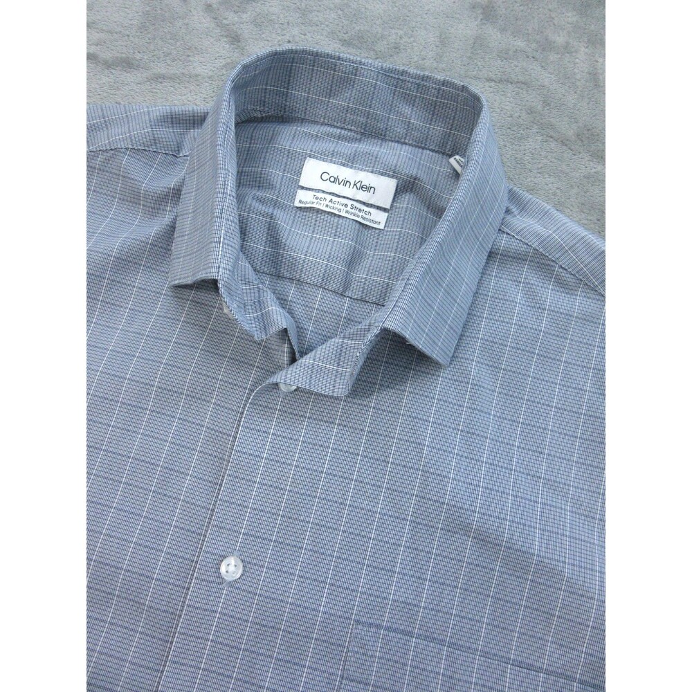 Calvin Klein Shirt Mens 16-16.5 Large Plaid Blue Tech Active Wrinkle Resistant
